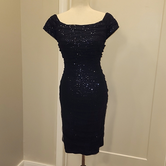 New Lauren by Ralph Lauren dress navy blue mesh overlay sequined cap sleeve 10 - Picture 5 of 11